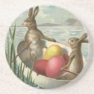 Vintage Easter Bunnies in a Boat with Easter Eggs Coaster