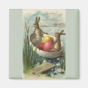 Vintage Easter Bunnies in a Boat with Easter Eggs Magnet