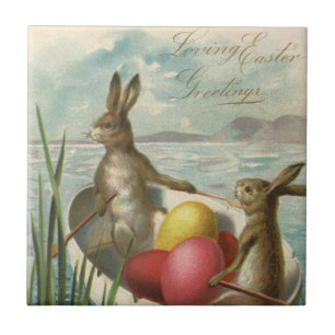 Vintage Easter Bunnies in a Boat with Easter Eggs Tile