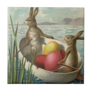 Vintage Easter Bunnies in a Boat with Easter Eggs Tile