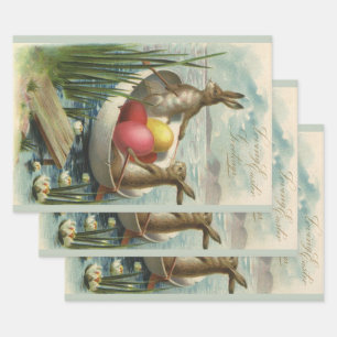 Vintage Easter Bunnies in a Boat with Easter Eggs Wrapping Paper Sheet