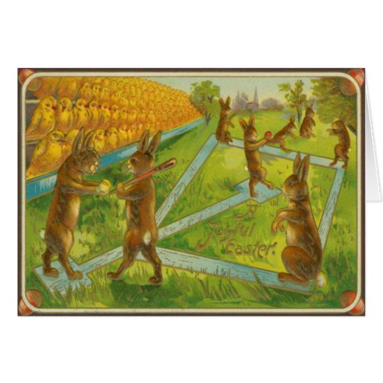 Vintage Easter Bunnies Playing Baseball Chicks Card