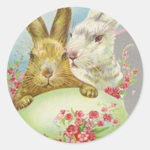 Vintage Easter Bunnies With Easter Egg Easter Card Classic Round Sticker