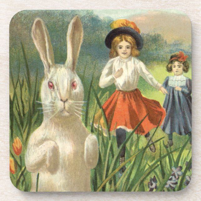 Vintage Easter Bunny and Children Happy Eastertide Coaster (Front)