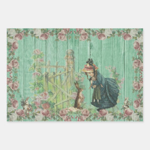 Vintage Easter Bunny and Girl in Rose Garden   Wrapping Paper Sheet