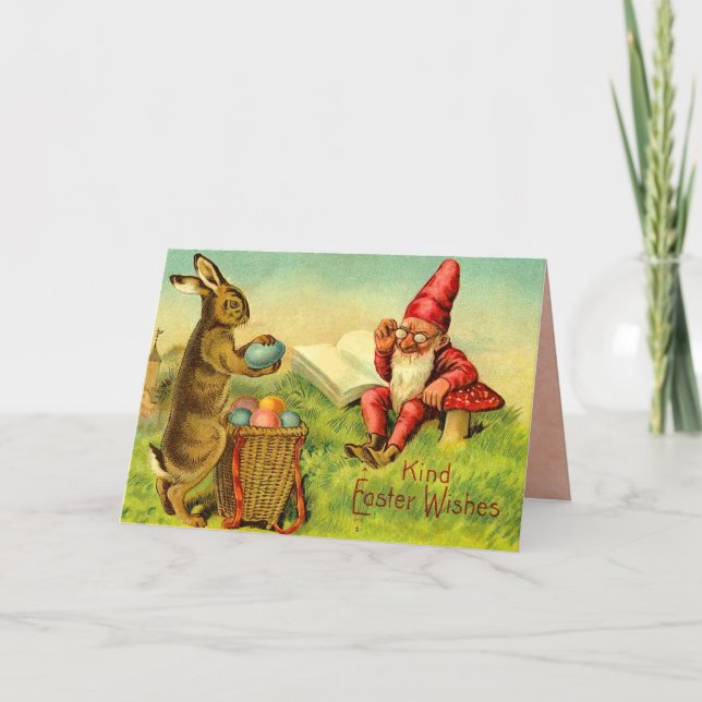 Vintage Easter Bunny and Gnome Holiday Card (Front)