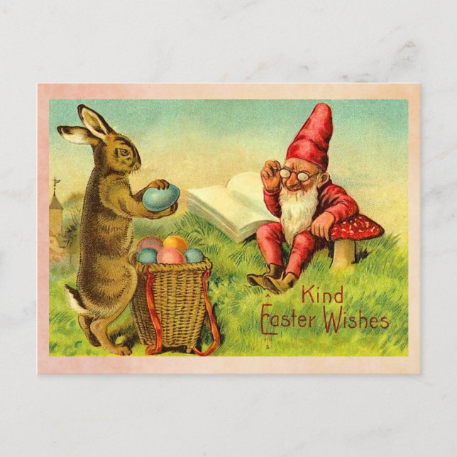 Vintage Easter Bunny and Gnome Holiday Postcard (Front)