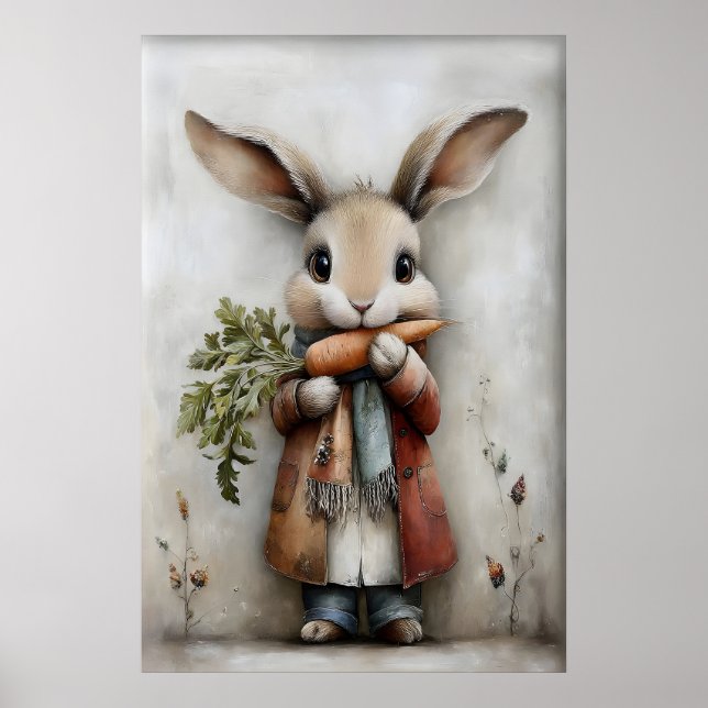 Vintage Easter Bunny Carrot Print, Rabbit Poster (Front)