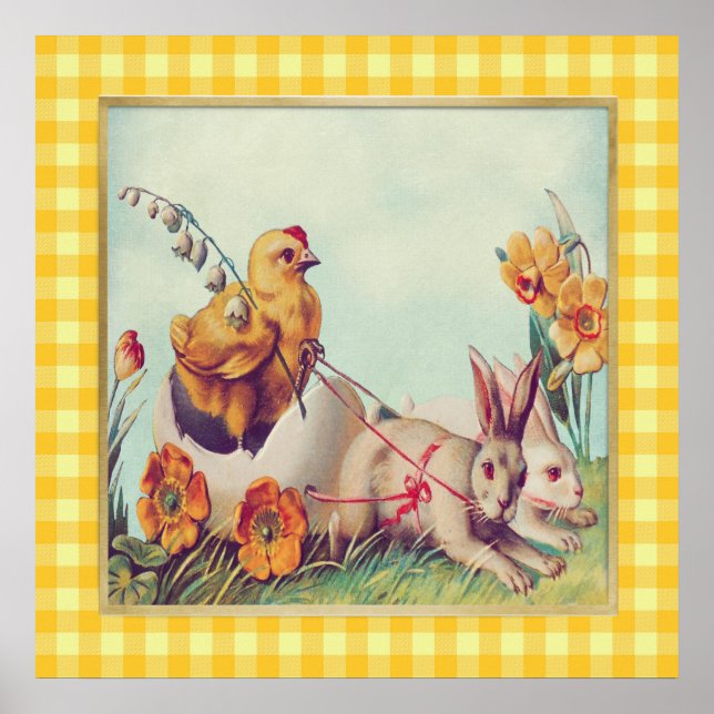 Vintage Easter Bunny & Chick in Buffalo Checks Poster (Front)