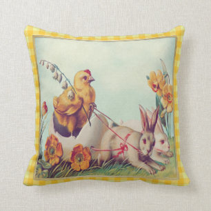 Vintage Easter Bunny & Chick in Buffalo Checks Throw Pillow