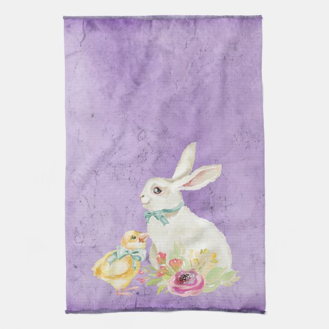 Vintage Easter Bunny Chick Purple Pretty Kitchen Towel (Vertical)