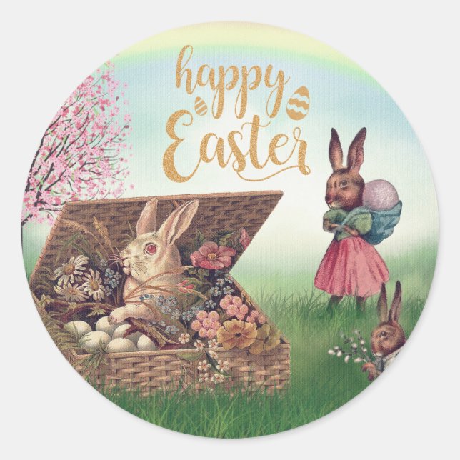 Vintage Easter Bunny Classic Round Sticker (Front)