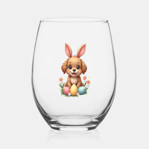 Vintage Easter Bunny Dog Cute Puppy Illustration w Stemless Wine Glass