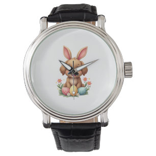 Vintage Easter Bunny Dog Cute Puppy Illustration w Watch