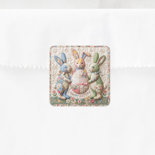 Vintage Easter Bunny Faux Patchwork Quilt Print Square Sticker