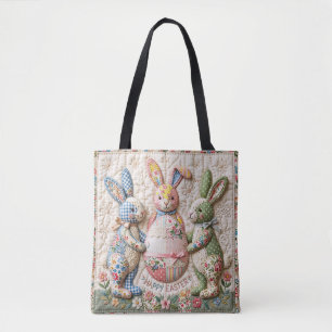 Vintage Easter Bunny Faux Patchwork Quilt Print Tote Bag