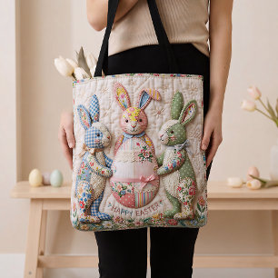 Vintage Easter Bunny Faux Patchwork Quilt Print Tote Bag