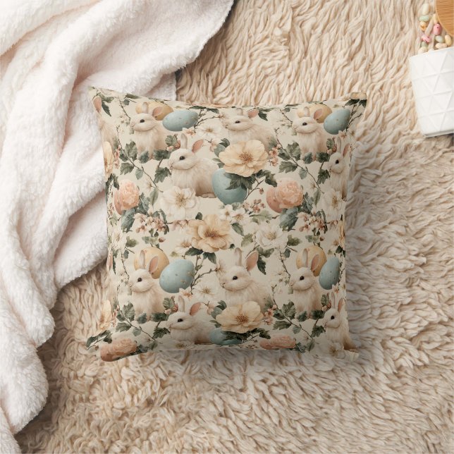 Vintage Easter Bunny Floral (1) Throw Pillow (Blanket)