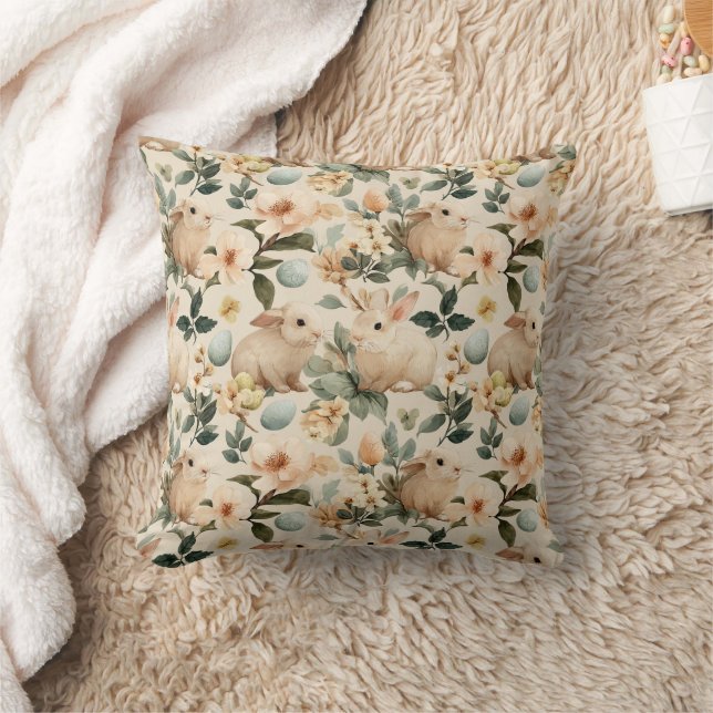 Vintage Easter Bunny Floral (4) Throw Pillow (Blanket)