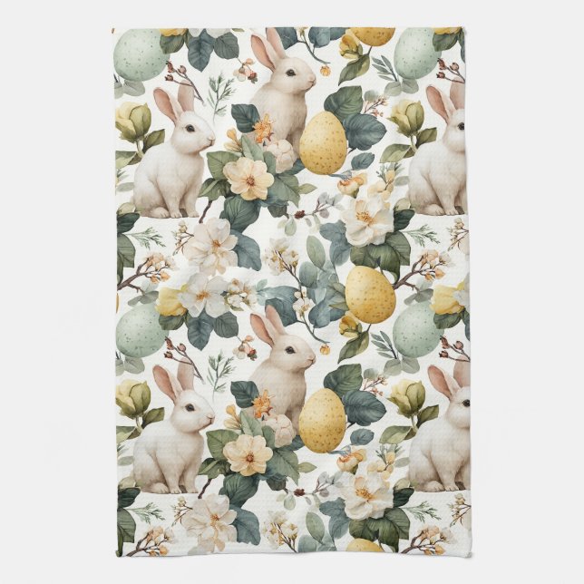 Vintage Easter Bunny Floral (7) Kitchen Towel (Vertical)