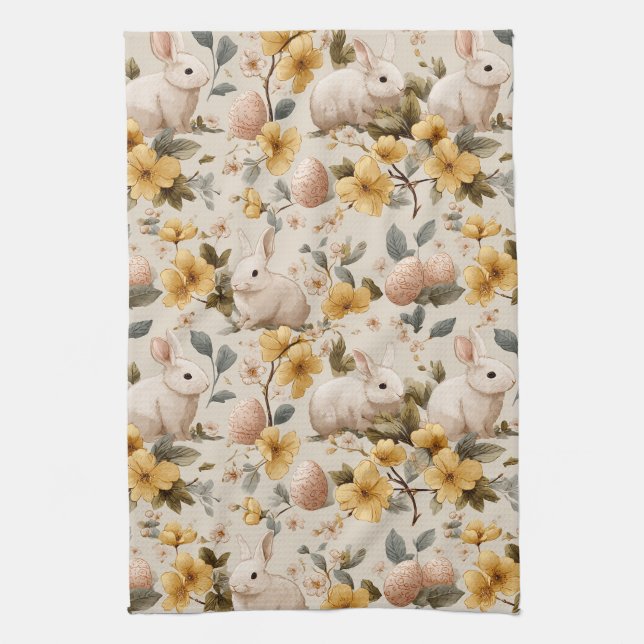 Vintage Easter Bunny Floral (8) Kitchen Towel (Vertical)