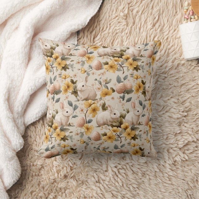 Vintage Easter Bunny Floral (8) Throw Pillow (Blanket)