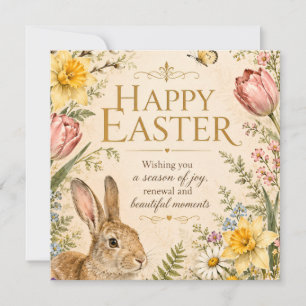 Vintage Easter Bunny Greeting Garden flowers Invitation