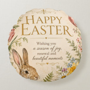 Vintage Easter Bunny Greeting Garden flowers Round Pillow