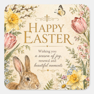 Vintage Easter Bunny Greeting Garden flowers Square Sticker