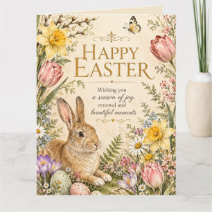 Vintage Easter Bunny Greeting Garden flowers Thank You Card