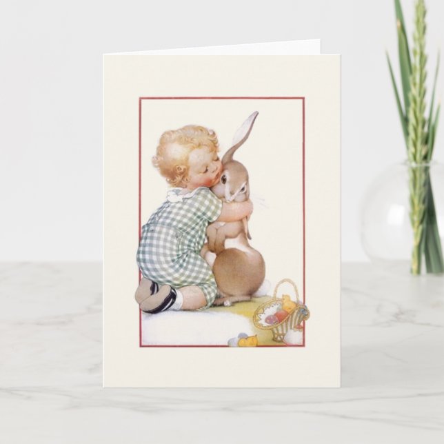 Vintage Easter Bunny Hugs Greeting Card (Front)