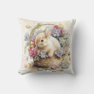 Vintage Easter Bunny in basket with flowers Throw Pillow