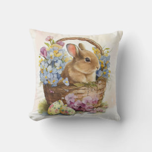 Vintage  Easter Bunny in basket with flowers Throw Pillow