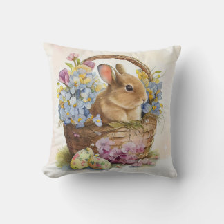 Vintage Easter Bunny in basket with flowers Throw Pillow