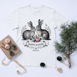 Vintage Easter Bunny Pair Illustration with Eggs T-Shirt