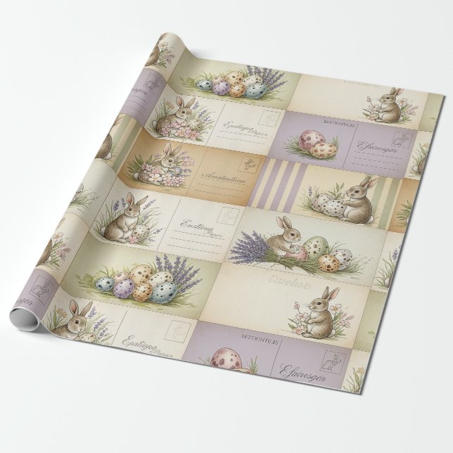 Vintage Easter Bunny Postcard Collage Wrapping Paper (Unrolled)