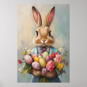 Vintage Easter Bunny Print, Pastel Farmhouse Poster