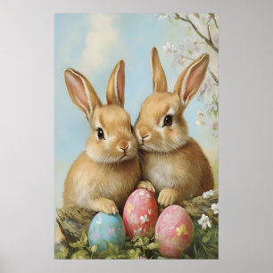 Vintage Easter Bunny Print, Pastel Flower Poster