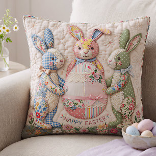 Vintage Easter Bunny Quilted Style Print Throw Pillow