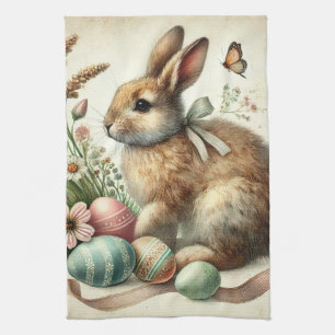 Vintage Easter Bunny Rabbit Egg Watercolor Kitchen Towel