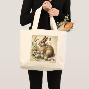 Vintage Easter Bunny Rabbit Egg Watercolor Large Tote Bag