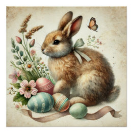 Vintage Easter Bunny Rabbit Egg Watercolor Poster