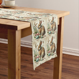 Vintage Easter Bunny Rabbit Egg Watercolor Short Table Runner