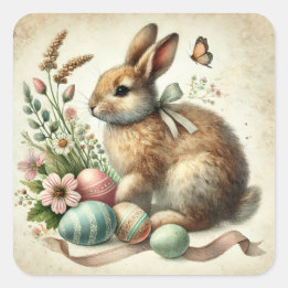 Vintage Easter Bunny Rabbit Egg Watercolor Square Sticker