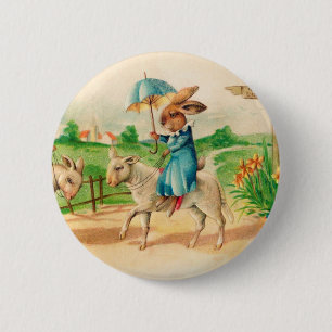 Vintage Easter Bunny Rabbit Riding Lambs Greetings 2 Inch Round Button