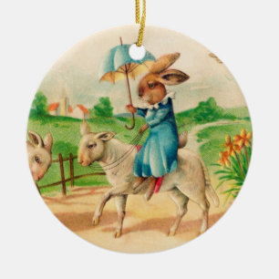 Vintage Easter Bunny Rabbit Riding Lambs Greetings Ceramic Ornament
