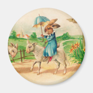 Vintage Easter Bunny Rabbit Riding Lambs Greetings Magnet