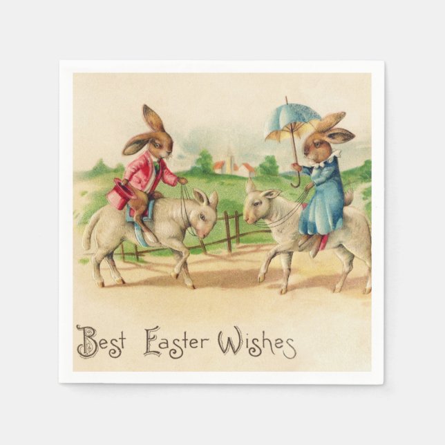 Vintage Easter Bunny Rabbit Riding Lambs Greetings Napkin (Front)