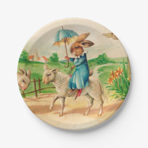 Vintage Easter Bunny Rabbit Riding Lambs Greetings Paper Plate
