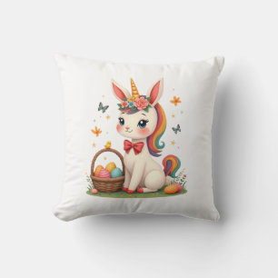 Vintage Easter Bunny Unicorn Pastel Floral Cartoon Throw Pillow